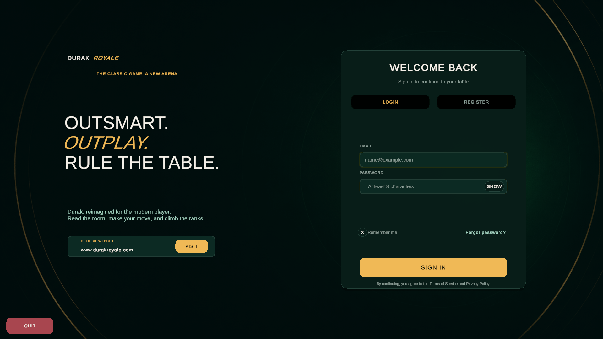 Durak Royale login and registration screen