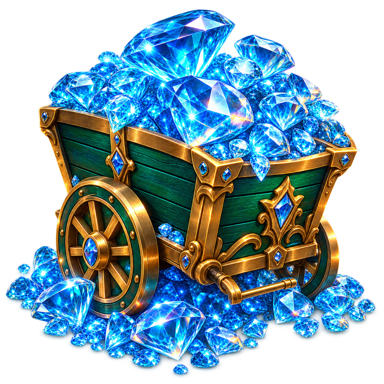 A treasure cart overflowing with blue diamonds