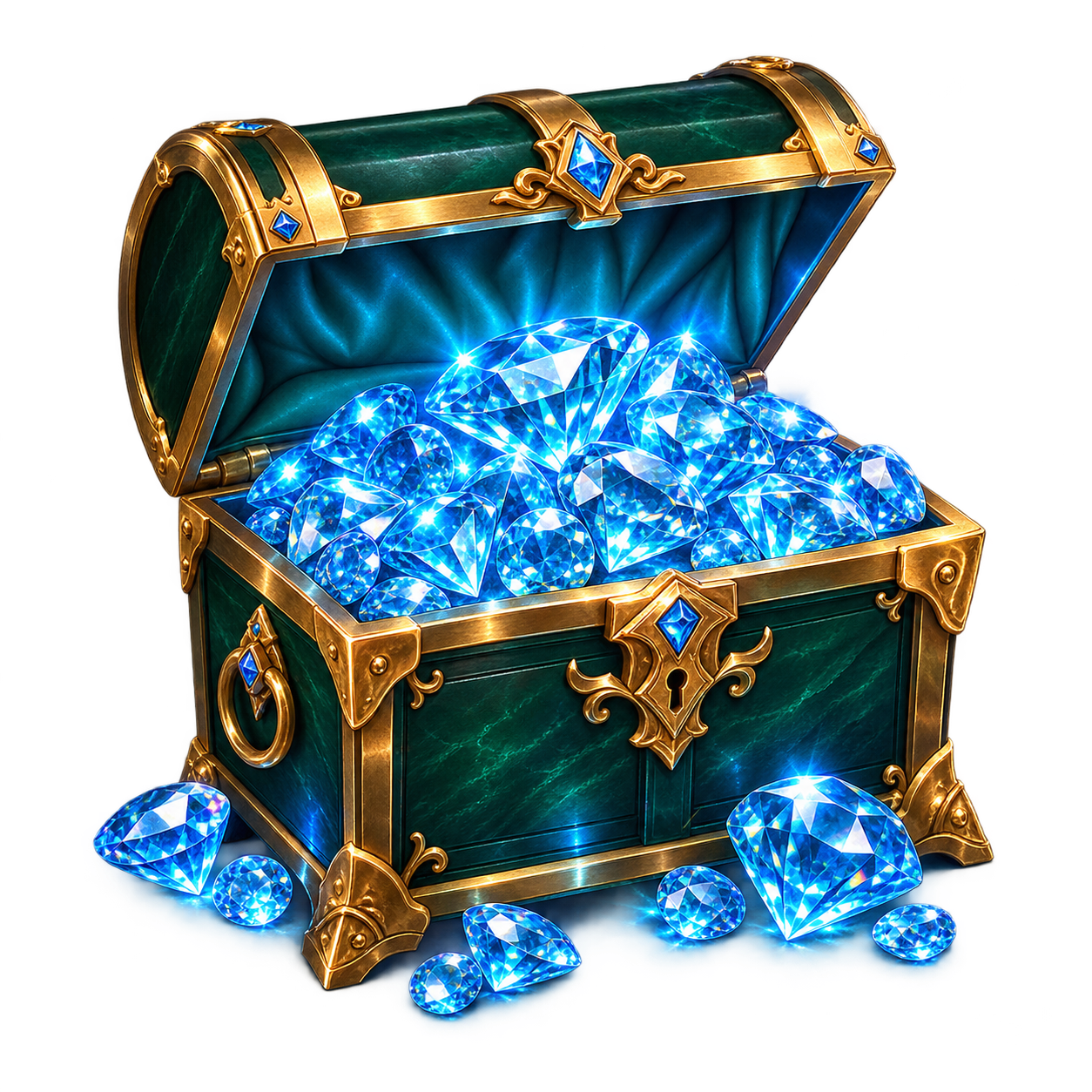 A royal chest overflowing with blue diamonds