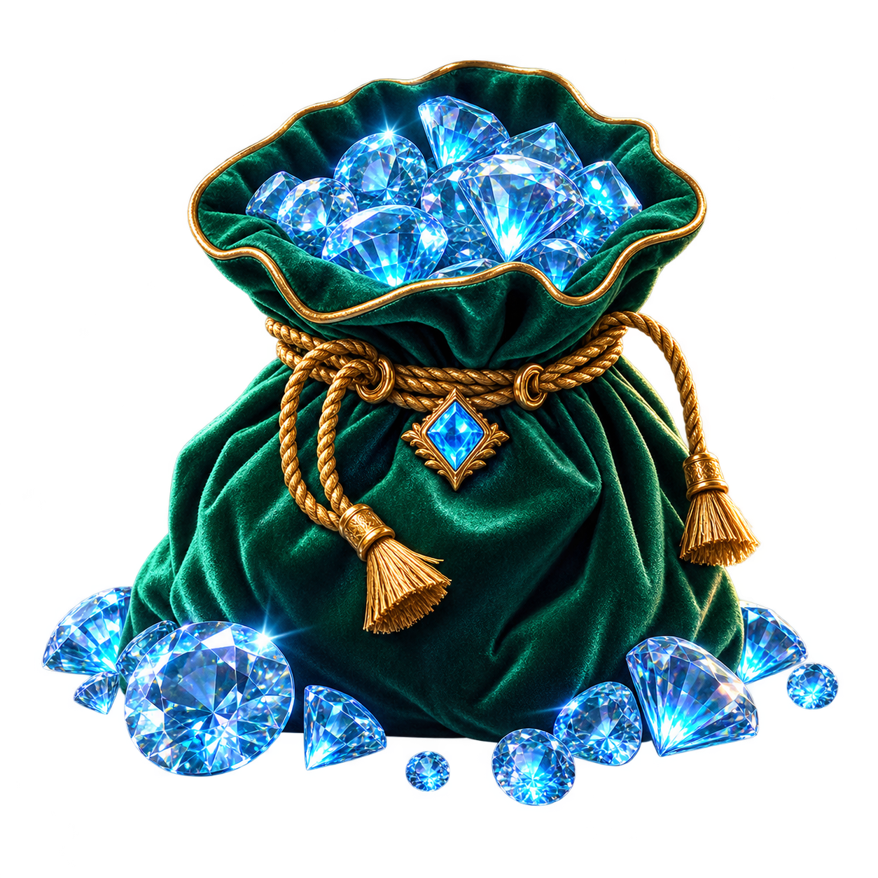 A velvet pouch filled with blue diamonds
